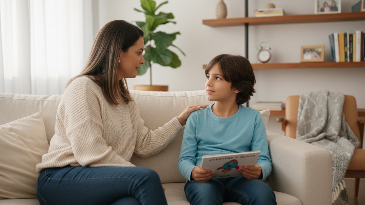 M&atilde;e e filho conversando tranquilamente em casa sobre a volta &agrave;s aulas, enquanto o filho veste roupas confort&aacute;veis e modernas.