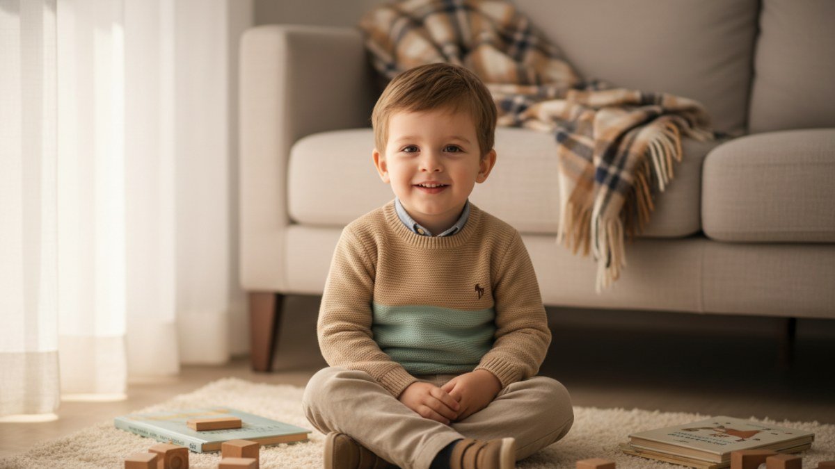 Retrato de um menino sorrindo docemente, com luz natural suave, vestindo roupas confort&aacute;veis, simbolizando a pureza e o carinho associados ao nome Davi.
