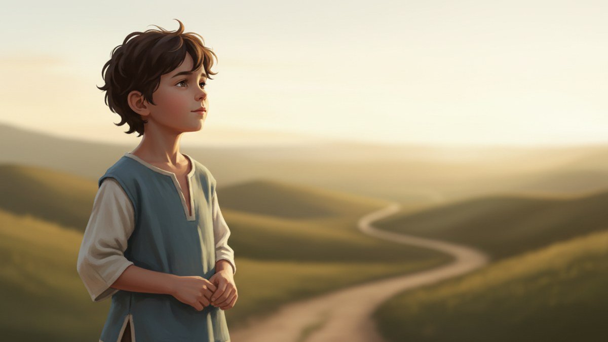 Ilustra&ccedil;&atilde;o de um menino jovem com olhar esperan&ccedil;oso para o horizonte em uma paisagem serena, simbolizando a jornada de Davi de pastor a rei.