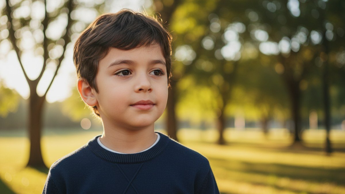 Um menino de 5 a 7 anos, com express&atilde;o serena e pensativa, em um ambiente de luz natural. Ele veste roupas infantis elegantes, representando a for&ccedil;a e a sensibilidade associadas ao nome Davi.