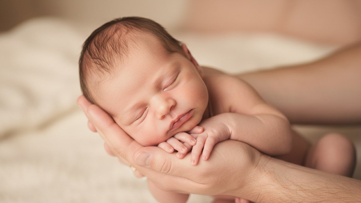 M&atilde;os de um adulto segurando gentilmente um beb&ecirc; rec&eacute;m-nascido adormecido, com foco na ternura e vulnerabilidade do novo ser, simbolizando novos come&ccedil;os.
