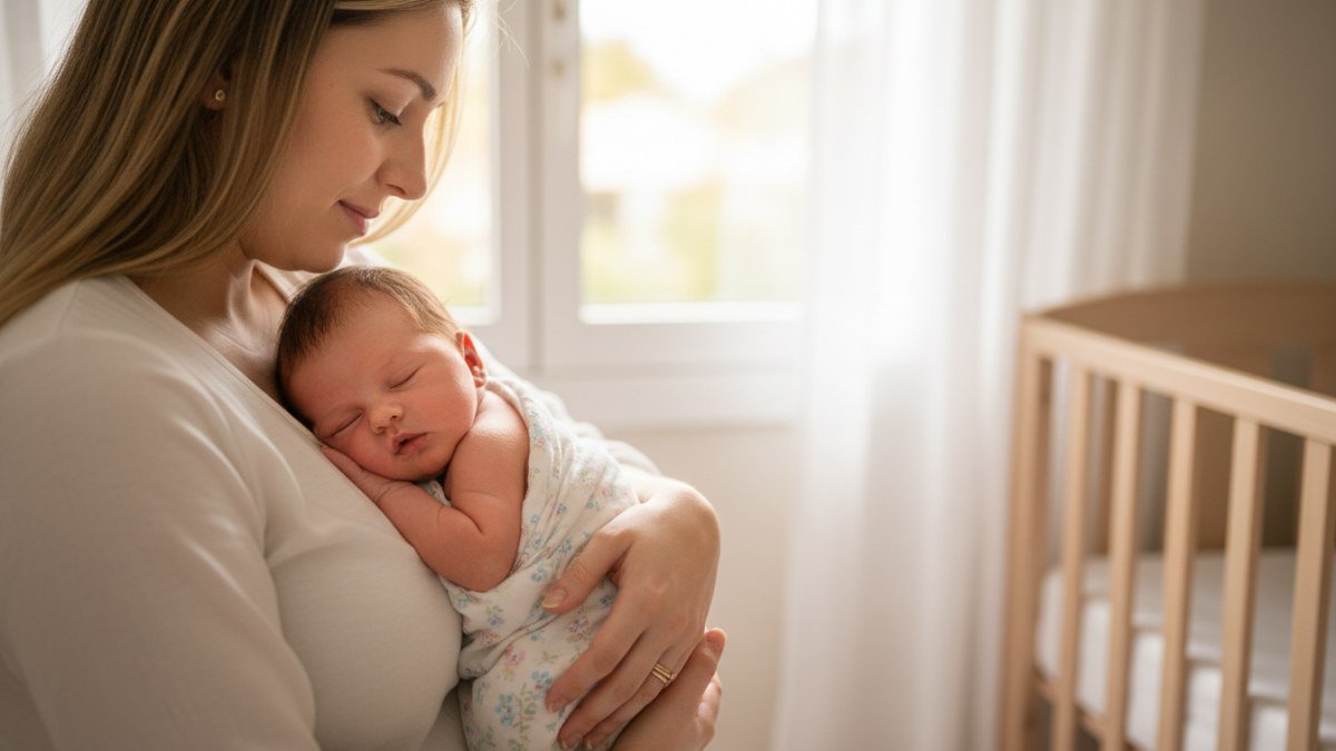 Beb&ecirc; rec&eacute;m-nascido adormecido no colo de um adulto, com foco nas m&atilde;os e na express&atilde;o de carinho e prote&ccedil;&atilde;o, simbolizando novos in&iacute;cios e o v&iacute;nculo familiar.