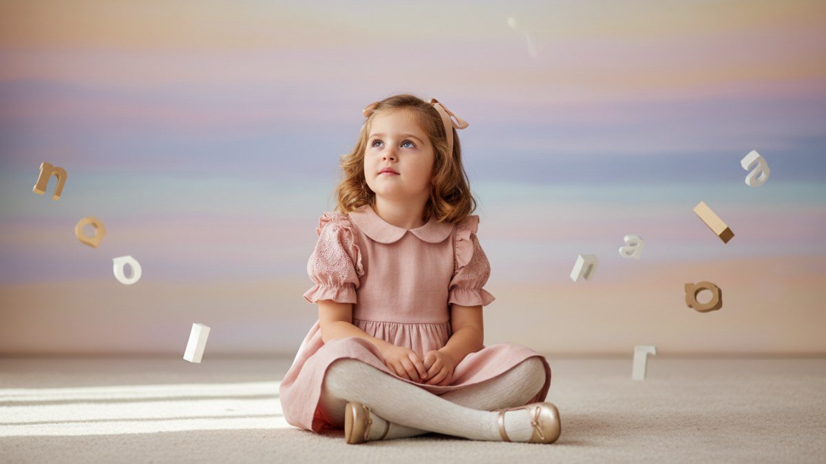 Menina com um vestido moderno da Vitrine Madri, em ambiente luminoso, simbolizando a busca por nomes femininos diferentes e inspiradores para 2024.