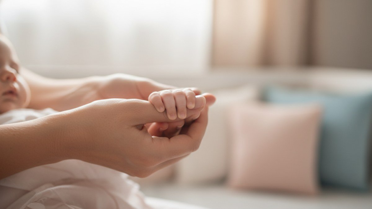 Foto de perto de uma m&atilde;e segurando as m&atilde;os delicadas de sua filha beb&ecirc;, em um momento de ternura. A luz natural e calorosa destaca o v&iacute;nculo entre elas, simbolizando o carinho e a import&acirc;ncia da escolha do nome para a crian&ccedil;a.