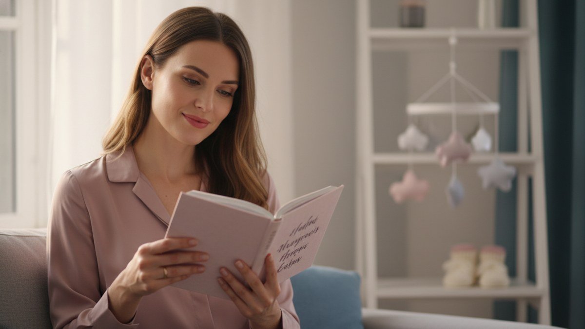 M&atilde;e jovem e sorridente, com express&atilde;o pensativa e carinhosa, olhando uma lista de nomes para beb&ecirc; em um ambiente iluminado. Pequenos objetos delicados de beb&ecirc;, como sapatinhos ou um body, est&atilde;o sutilmente vis&iacute;veis ao fundo, simbolizando a chegada de uma menina e a escolha do nome perfeito.