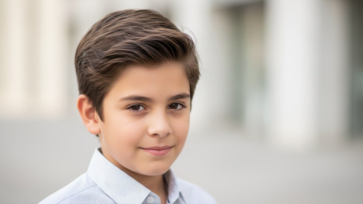 Menino pr&eacute;-adolescente com corte de cabelo moderno e bem cuidado, que valoriza seu rosto e transmite confian&ccedil;a.