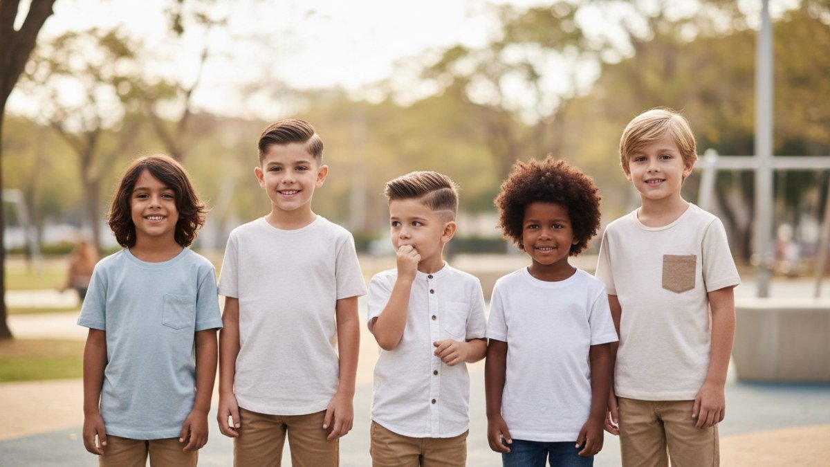 Diversos meninos com cortes de cabelo infantis e juvenis, mostrando estilos cl&aacute;ssicos, modernos e tend&ecirc;ncias como fade e top texturizado.
