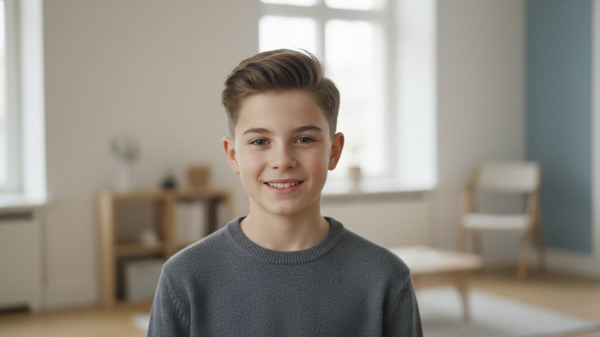 Menino pr&eacute;-adolescente sorrindo com confian&ccedil;a, mostrando um corte de cabelo masculino juvenil moderno e bem cuidado, com laterais curtas e topo texturizado, simbolizando a express&atilde;o da individualidade atrav&eacute;s do estilo.