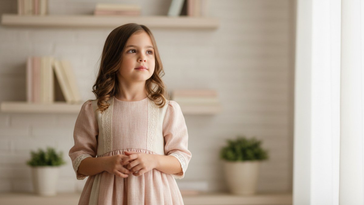 Menina com express&atilde;o curiosa e pensativa, vestindo roupas infantis delicadas da Vitrine Madri, em um cen&aacute;rio suave, simbolizando a sabedoria e a beleza do nome Sophia.