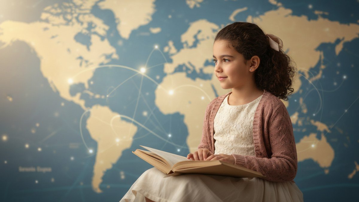 Jovem menina com express&atilde;o curiosa e gentil, lendo um livro em um ambiente iluminado, simbolizando a sabedoria e a popularidade global do nome Sophia.