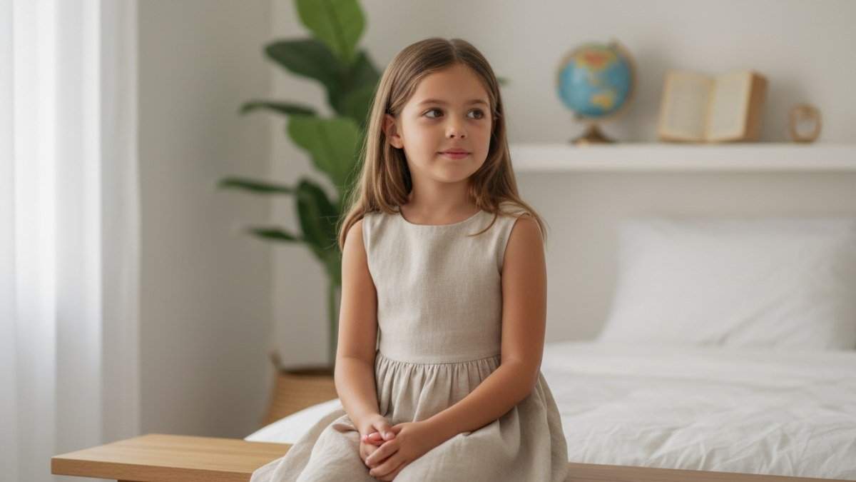 Menina em um ambiente iluminado, com express&atilde;o pensativa e curiosa, vestindo um vestido delicado, simbolizando a sabedoria em crescimento.