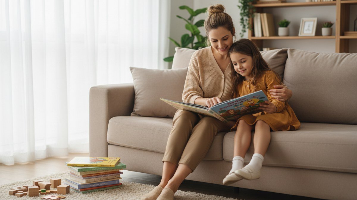 M&atilde;e e filha lendo um livro infantil juntas em um sof&aacute; aconchegante, com livros coloridos ao redor, simbolizando o incentivo &agrave; leitura e a cria&ccedil;&atilde;o de um ambiente leitor em casa.