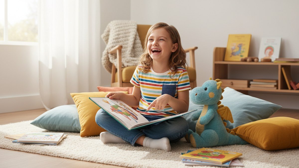 Crian&ccedil;a sorrindo e interagindo de forma divertida com um livro, sentada em um ambiente aconchegante, simbolizando a leitura como uma aventura l&uacute;dica.