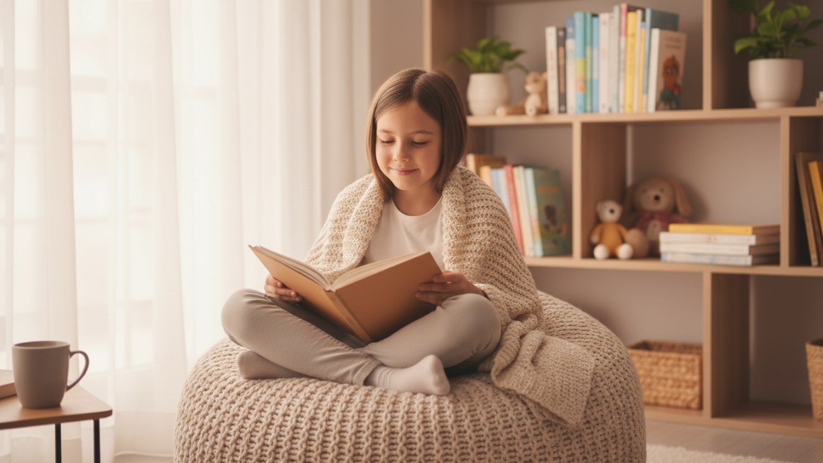Crian&ccedil;a feliz e sorridente lendo um livro em um ambiente aconchegante com estantes de livros, representando o amor pela leitura como um presente para a vida toda.