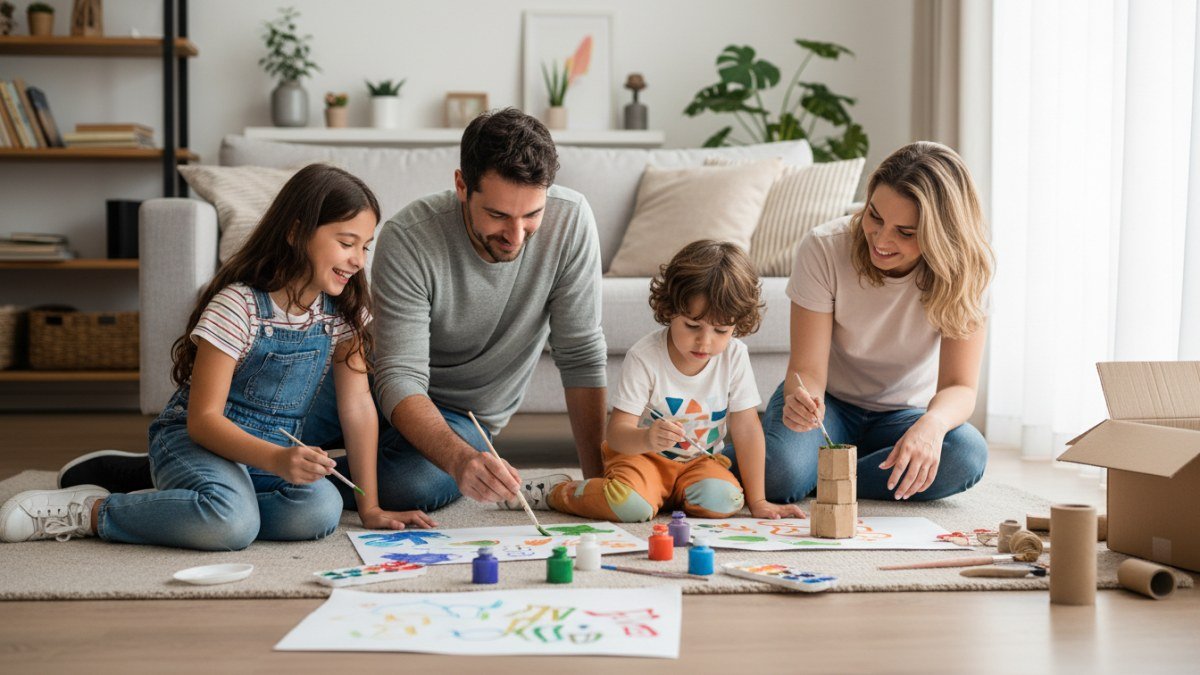 Fam&iacute;lia feliz, com pai, m&atilde;e e duas crian&ccedil;as, sentada no ch&atilde;o da sala de estar, sorrindo e pintando juntos. Eles est&atilde;o engajados em uma atividade criativa em casa, com tintas e pap&eacute;is espalhados, transmitindo alegria e conex&atilde;o familiar em um final de semana.
