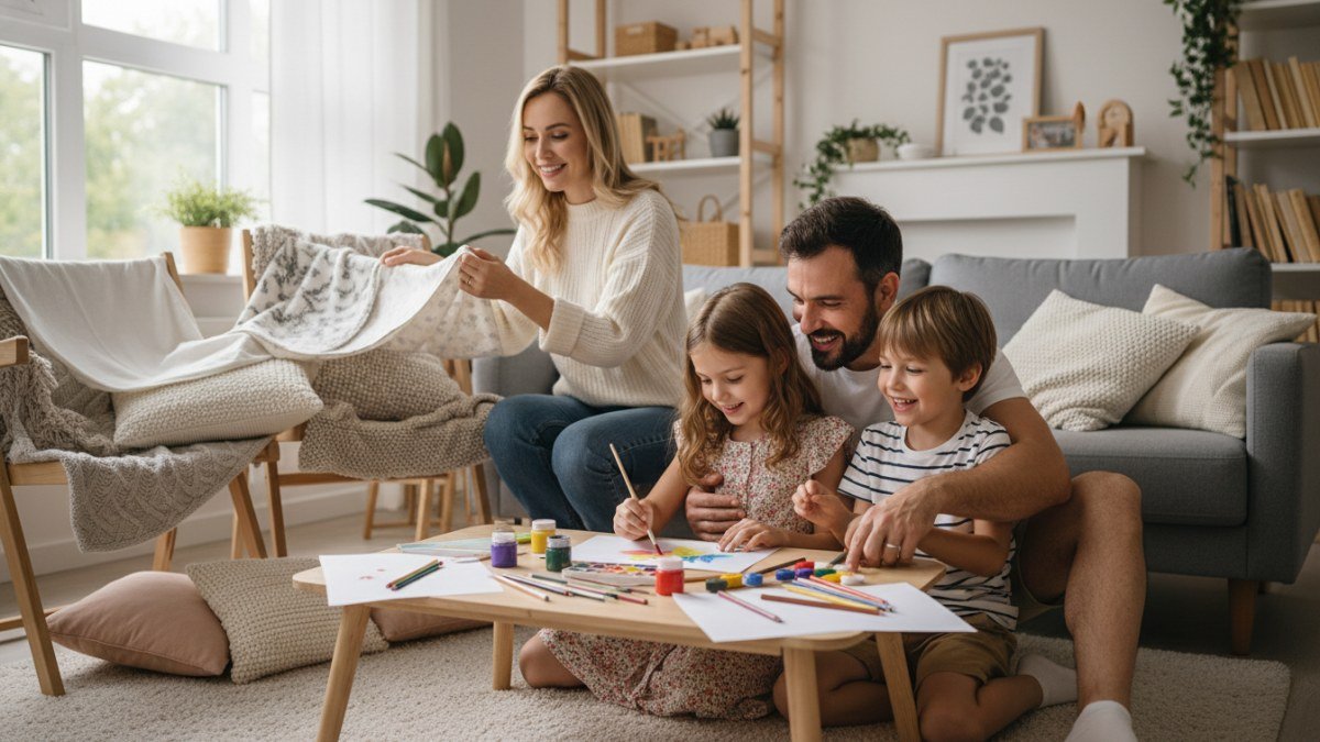 Fam&iacute;lia (pai, m&atilde;e e filhos) sorrindo e interagindo em atividades criativas em casa, como pintura e constru&ccedil;&atilde;o de cabana, em um final de semana ensolarado.