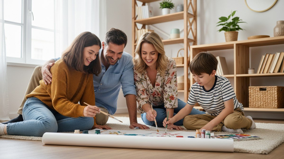 Fam&iacute;lia feliz (pai, m&atilde;e e dois filhos) sentada no ch&atilde;o da sala, rindo e interagindo enquanto criam juntos uma maquete ou pintura. A imagem transmite a alegria da conex&atilde;o familiar e das atividades criativas em casa, em um ambiente aconchegante e iluminado.