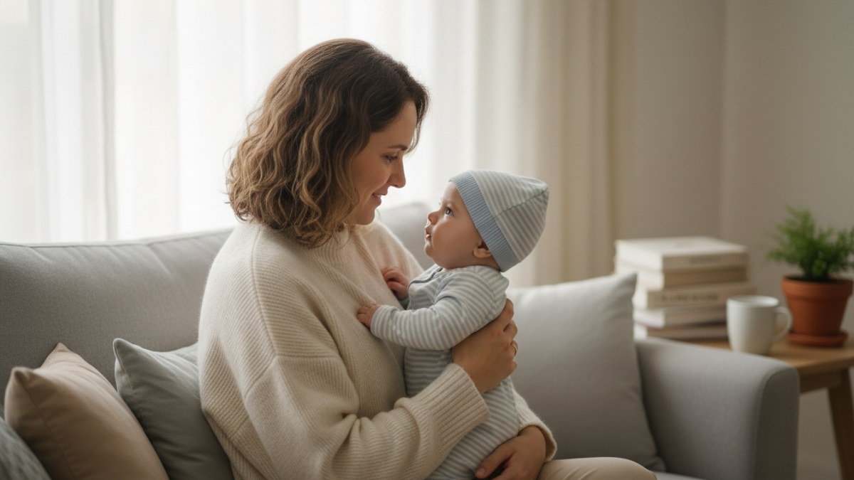 Um pai ou m&atilde;e sorrindo para seu beb&ecirc;, em um momento terno de conex&atilde;o familiar, simbolizando a import&acirc;ncia da escolha de um nome.