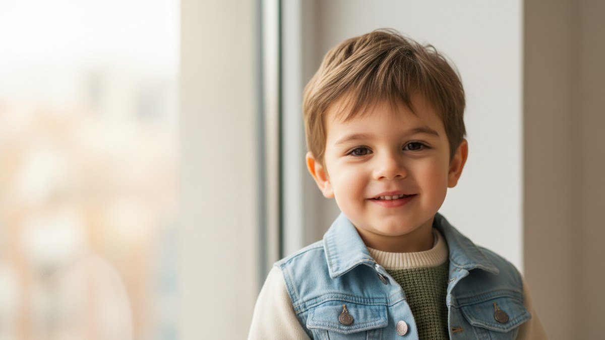 Foto de um menino de aproximadamente 4 anos, sorrindo com confian&ccedil;a e curiosidade, vestindo roupas infantis modernas e casuais. A imagem representa a popularidade e o futuro promissor do nome Theo.