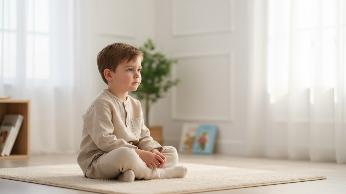 Menino pequeno com express&atilde;o serena e pensativa, sentado em um ambiente iluminado por luz natural, representando a ess&ecirc;ncia e o futuro inspirador do nome Theo.