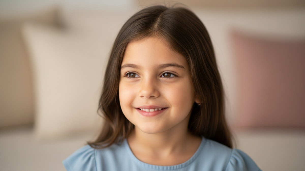 Menina com express&atilde;o serena e sorriso suave, transmitindo vitalidade e for&ccedil;a, vestindo uma pe&ccedil;a de roupa infantil elegante.
