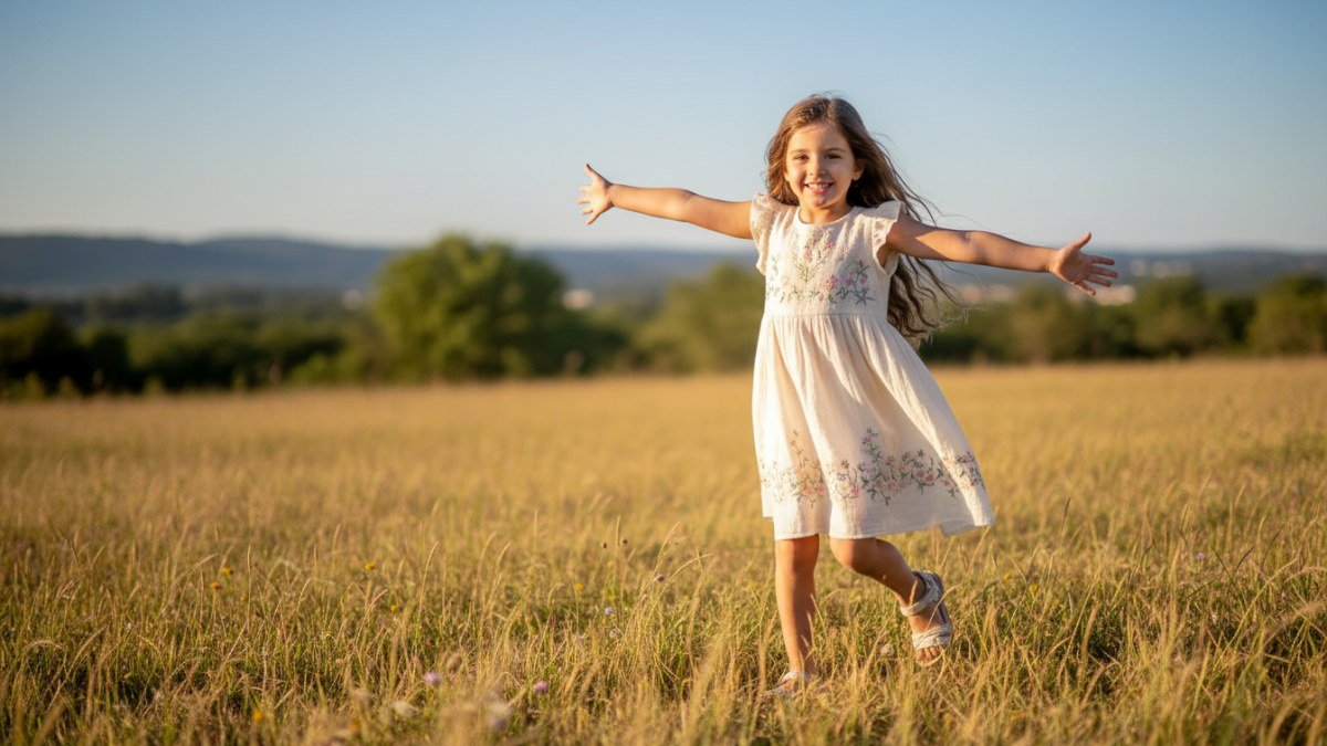 Menina sorridente e cheia de vitalidade, brincando ao ar livre, simbolizando a for&ccedil;a e sa&uacute;de do significado do nome Valentina.