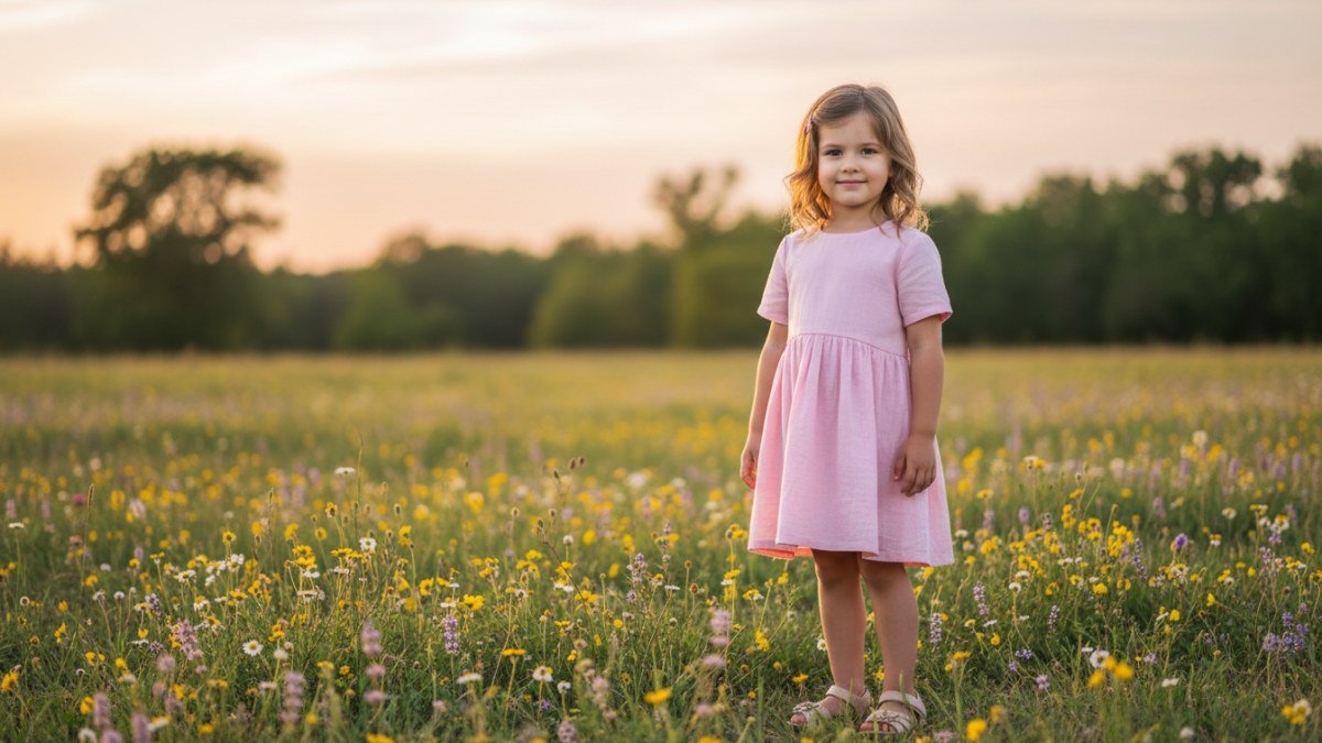 Menina sorridente de 7 anos, vestindo roupas claras e leves em um jardim florido, representando a vitalidade e a for&ccedil;a do nome Valentina.