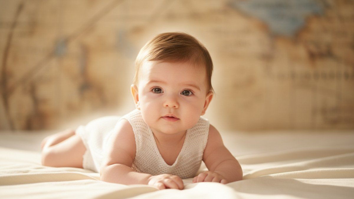 Beb&ecirc; com express&atilde;o serena e curiosa, em um ambiente de luz suave e acolhedora, com um fundo desfocado que sugere a riqueza de uma hist&oacute;ria ou origem. A imagem evoca a beleza e a profundidade na escolha de um nome como Gael.