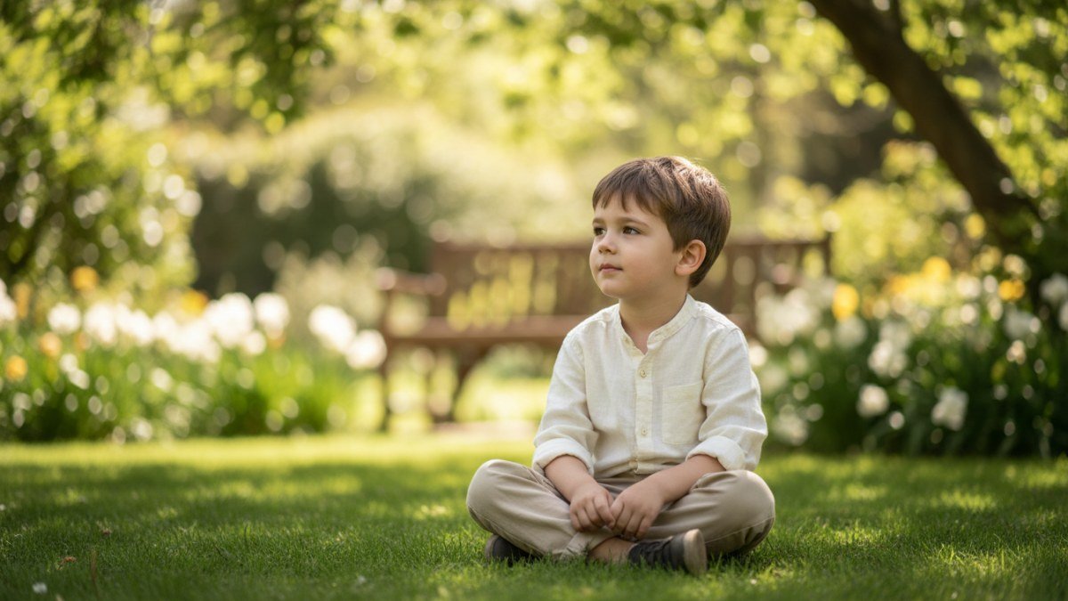 Menino de cabelos castanhos claros e olhos curiosos, olhando para o lado em um jardim com luz suave, transmitindo uma aura de individualidade e for&ccedil;a, caracter&iacute;sticas associadas ao nome Gael.