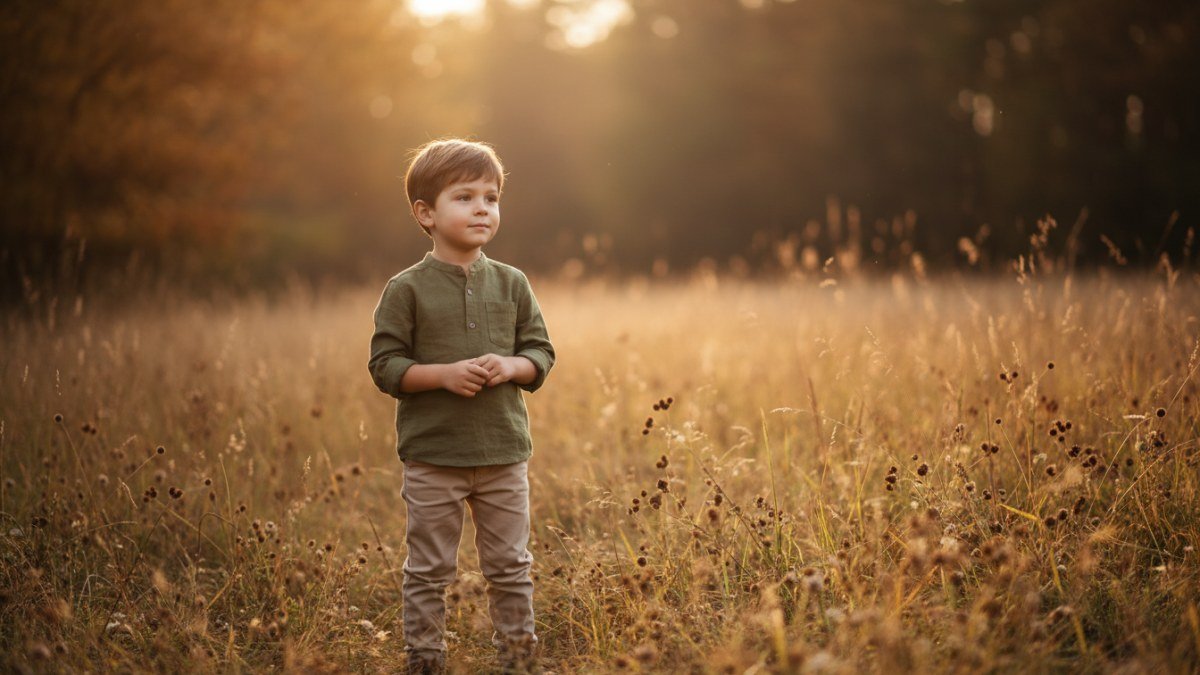 Menino em momento de contempla&ccedil;&atilde;o em um campo dourado, simbolizando a for&ccedil;a e a profundidade do nome Gael e sua conex&atilde;o com a natureza.