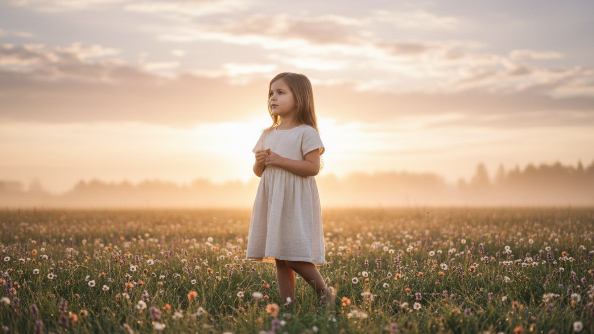 Menina em um campo ao amanhecer, banhada pela luz dourada e suave do sol, com uma express&atilde;o serena e cheia de esperan&ccedil;a, simbolizando a beleza e os tra&ccedil;os luminosos da personalidade associados ao nome Aurora.