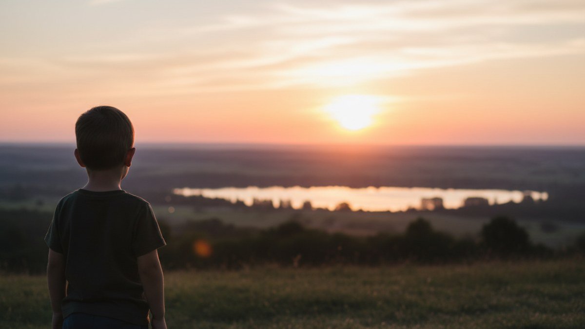 Uma crian&ccedil;a de costas observando um belo nascer do sol com cores quentes, simbolizando a esperan&ccedil;a e um novo come&ccedil;o.