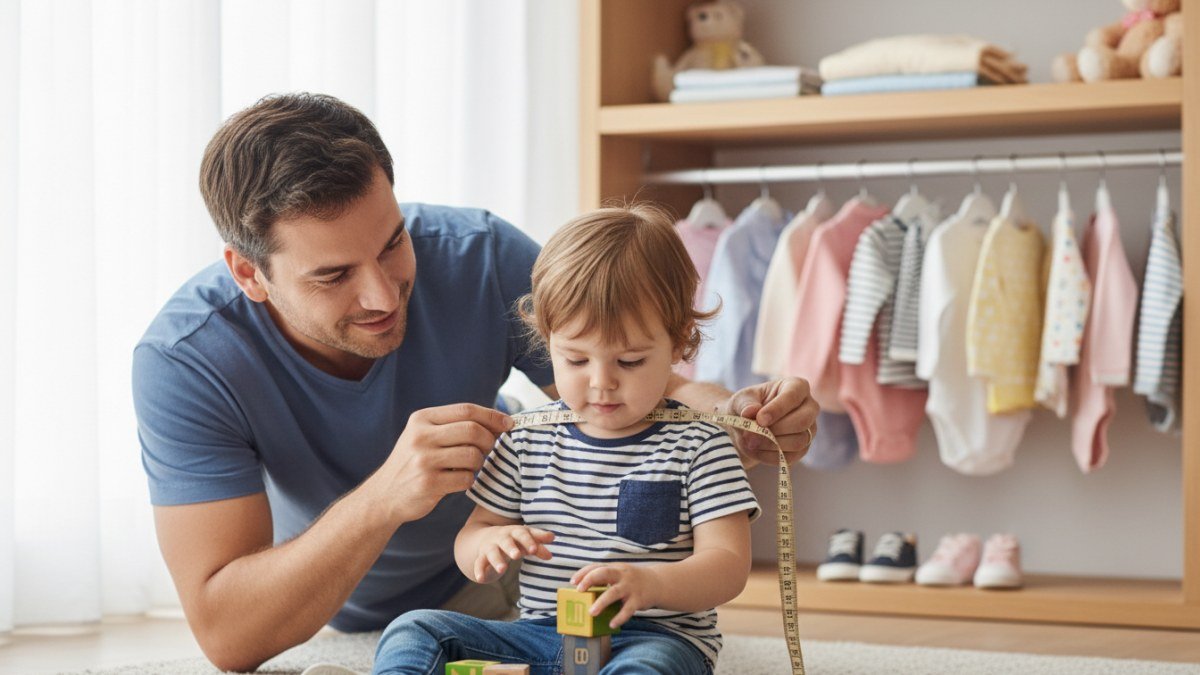 Uma m&atilde;e ou pai medindo delicadamente a altura de uma crian&ccedil;a pequena com uma fita m&eacute;trica, em um ambiente dom&eacute;stico aconchegante. Roupas infantis coloridas est&atilde;o vis&iacute;veis ao fundo, sugerindo o contexto da escolha de tamanhos.