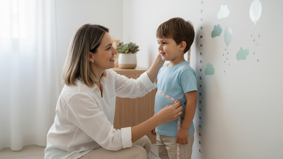 M&atilde;e medindo gentilmente a altura de seu filho pequeno com uma fita m&eacute;trica em um ambiente dom&eacute;stico iluminado, ilustrando o processo de tirar medidas para escolher o tamanho certo de roupas infantis.