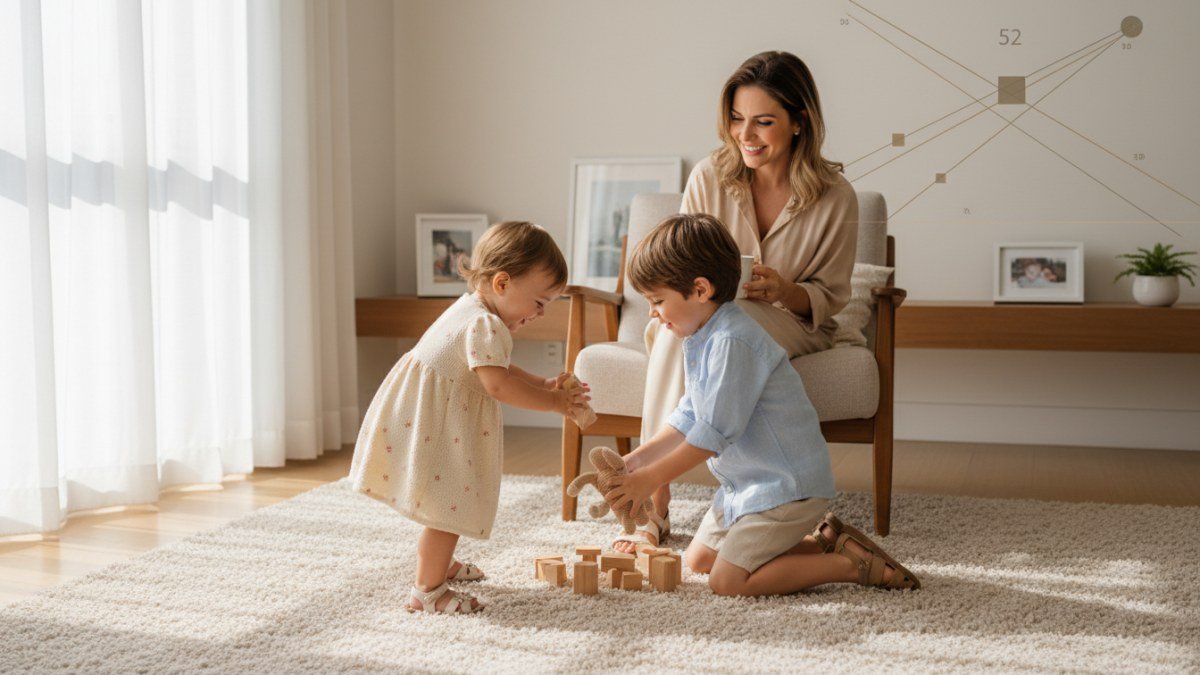 M&atilde;e feliz observa seus filhos brincando confortavelmente com roupas que vestem perfeitamente, transmitindo a confian&ccedil;a em acertar os tamanhos de roupas infantis ap&oacute;s um guia pr&aacute;tico.