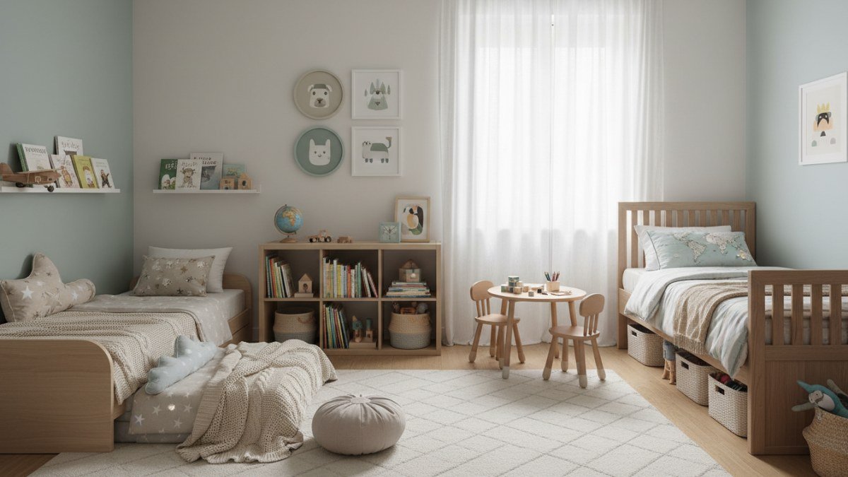Quarto infantil compartilhado para irm&atilde;os de diferentes idades, com design inteligente e organiza&ccedil;&atilde;o funcional. O espa&ccedil;o inclui uma cama montessoriana e uma cama de solteiro, prateleiras com brinquedos e livros, criando um ambiente harmonioso e individual para cada crian&ccedil;a.