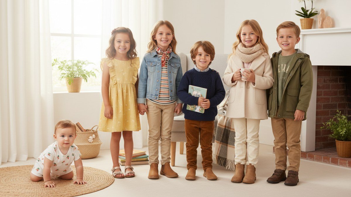 Crian&ccedil;as de diversas idades, sorrindo e brincando, vestindo roupas confort&aacute;veis e estilosas para diferentes esta&ccedil;&otilde;es do ano, como um vestido de ver&atilde;o, um conjunto de moletom para outono e um casaco quentinho de inverno, ilustrando a versatilidade do vestu&aacute;rio infantil.