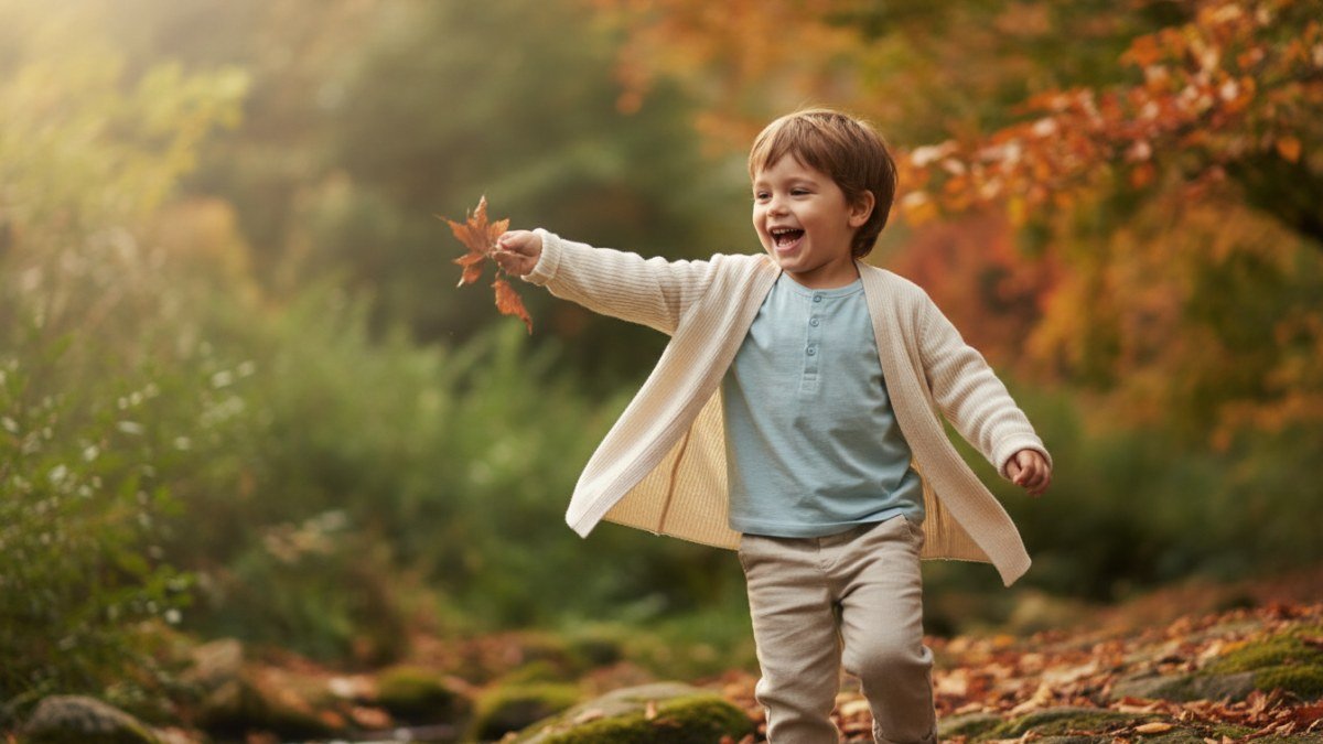 Crian&ccedil;a feliz e confort&aacute;vel usando roupas vers&aacute;teis para diferentes esta&ccedil;&otilde;es do ano, com camadas leves e em tecidos de qualidade.