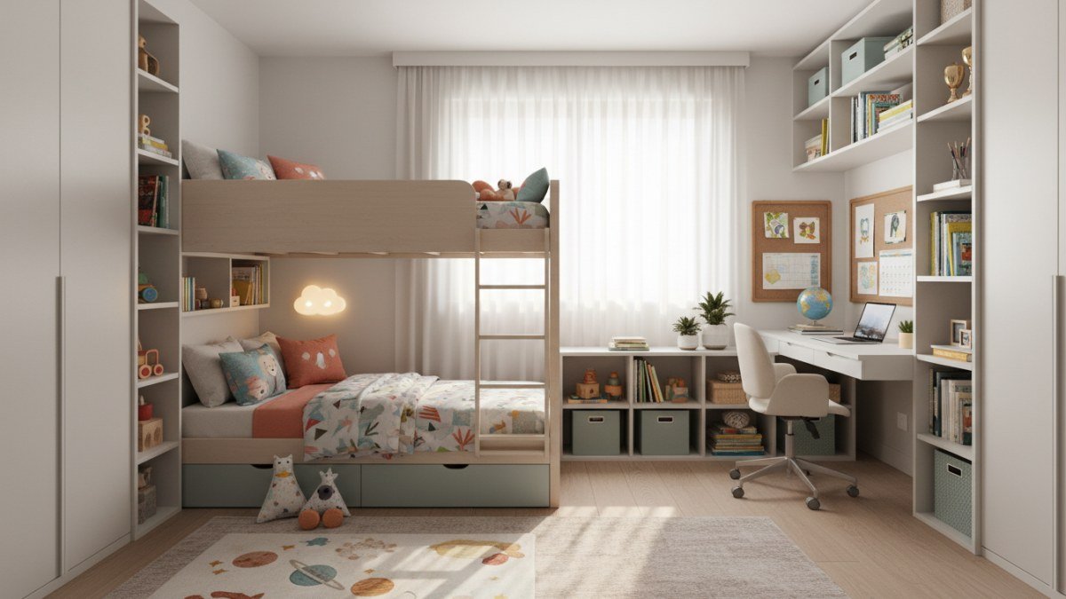 Quarto compartilhado moderno e funcional para irm&atilde;os de diferentes idades, com beliche e &aacute;reas personalizadas para brincar e estudar, decorado em tons suaves e com boa ilumina&ccedil;&atilde;o natural.