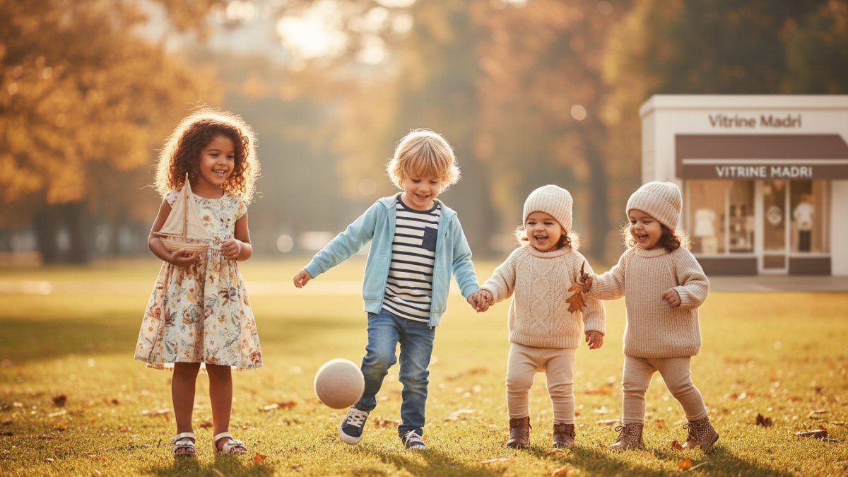 Crian&ccedil;as felizes e confort&aacute;veis brincando, vestindo roupas adequadas para diferentes esta&ccedil;&otilde;es do ano, simbolizando o cuidado em todas as fases.
