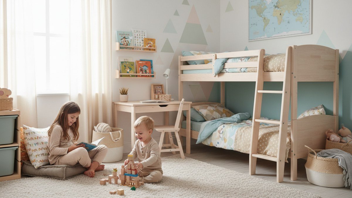 Crian&ccedil;as de idades diferentes interagindo de forma tranquila e feliz em um quarto compartilhado bem organizado, com espa&ccedil;os que promovem a individualidade e a conviv&ecirc;ncia harmoniosa.