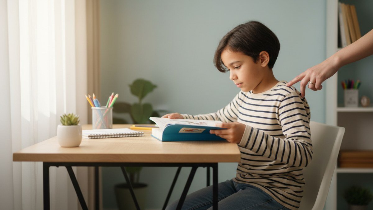 Crian&ccedil;a concentrada estudando em uma escrivaninha organizada e bem iluminada, com a m&atilde;o de um adulto oferecendo suporte, simbolizando uma rotina de estudos eficaz e o apoio familiar.