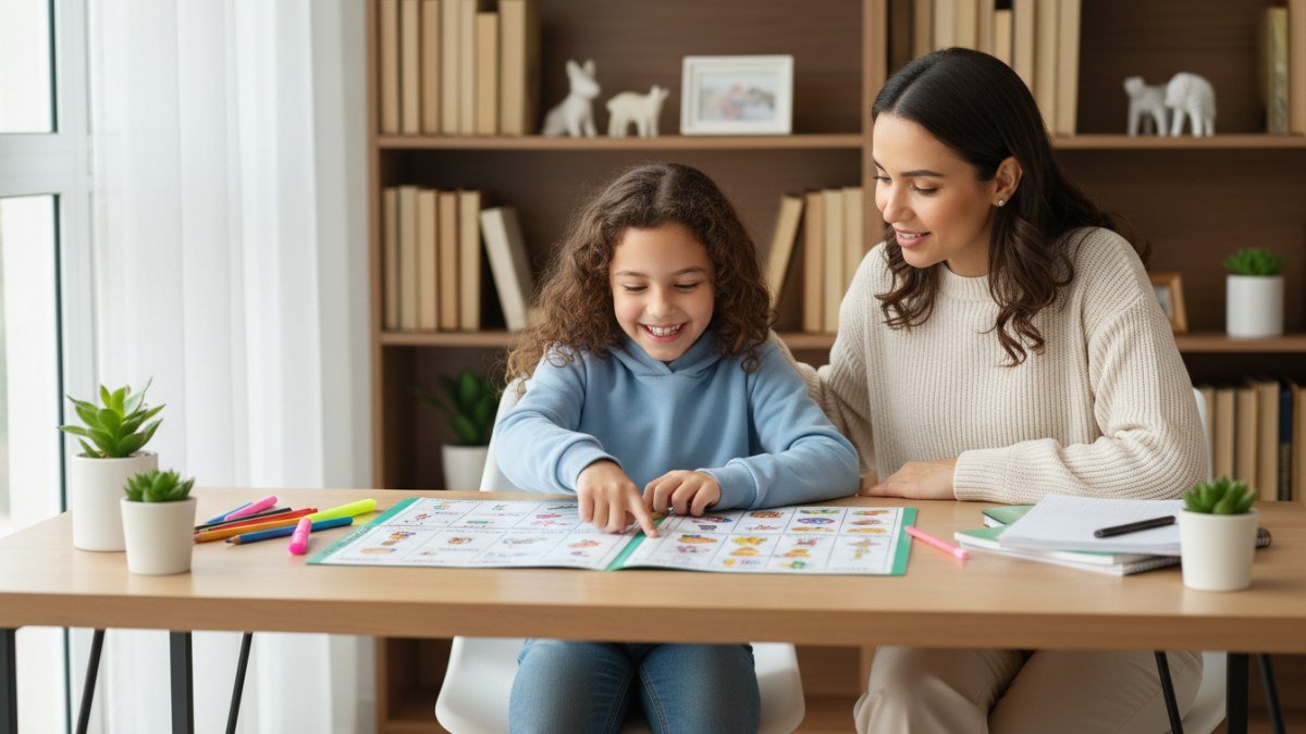Crian&ccedil;a e adulto, m&atilde;e ou pai, sentados juntos em uma mesa de estudo, planejando a rotina escolar em um planner colorido. A imagem transmite colabora&ccedil;&atilde;o, organiza&ccedil;&atilde;o e um ambiente de aprendizado acolhedor e positivo em casa.