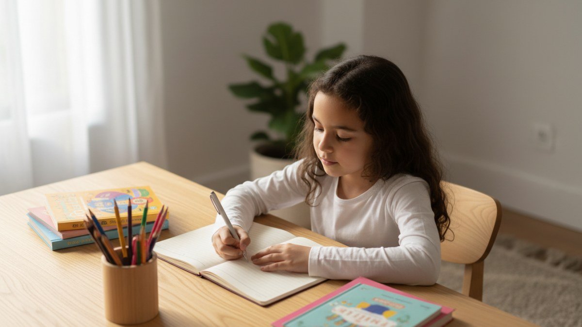 Crian&ccedil;a concentrada e feliz estudando em sua escrivaninha organizada, com materiais de estudo em um ambiente iluminado, refletindo uma rotina de aprendizado saud&aacute;vel e eficaz.