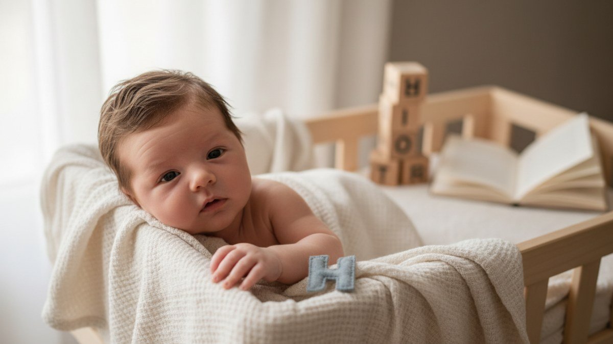Close-up de um beb&ecirc; rec&eacute;m-nascido, deitado e com uma express&atilde;o calma e curiosa, em um ambiente suave e iluminado, simbolizando a delicadeza de um novo come&ccedil;o e a escolha de um nome.