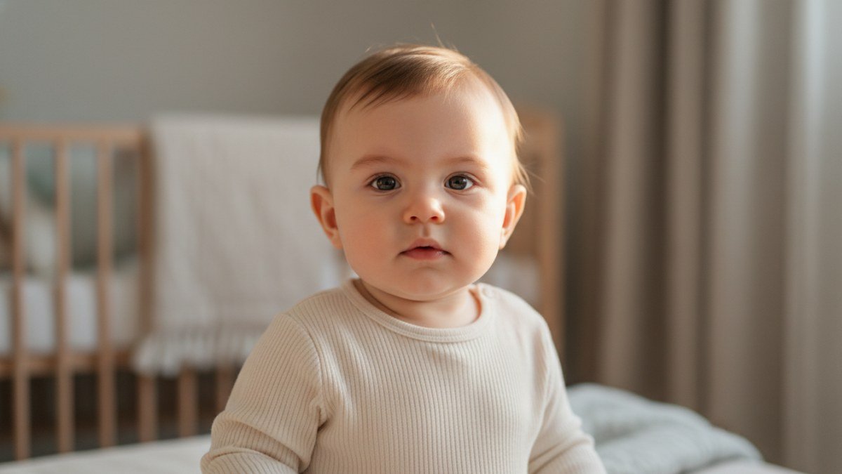 Beb&ecirc; ou crian&ccedil;a pequena com o rosto iluminado por uma luz solar suave e dourada, transmitindo serenidade e o calor do sol, simbolizando o significado do nome Ravi.