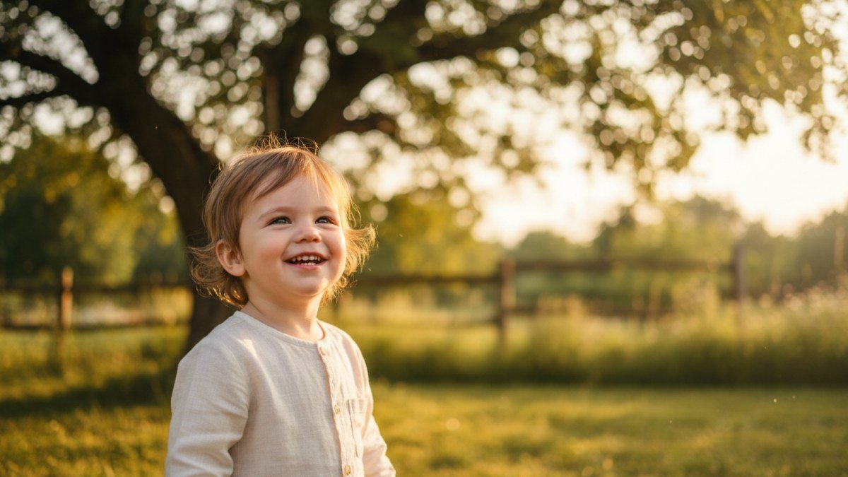 Crian&ccedil;a pequena sorridente brincando sob a luz do sol, simbolizando a alegria e o brilho associados ao significado do nome Ravi.