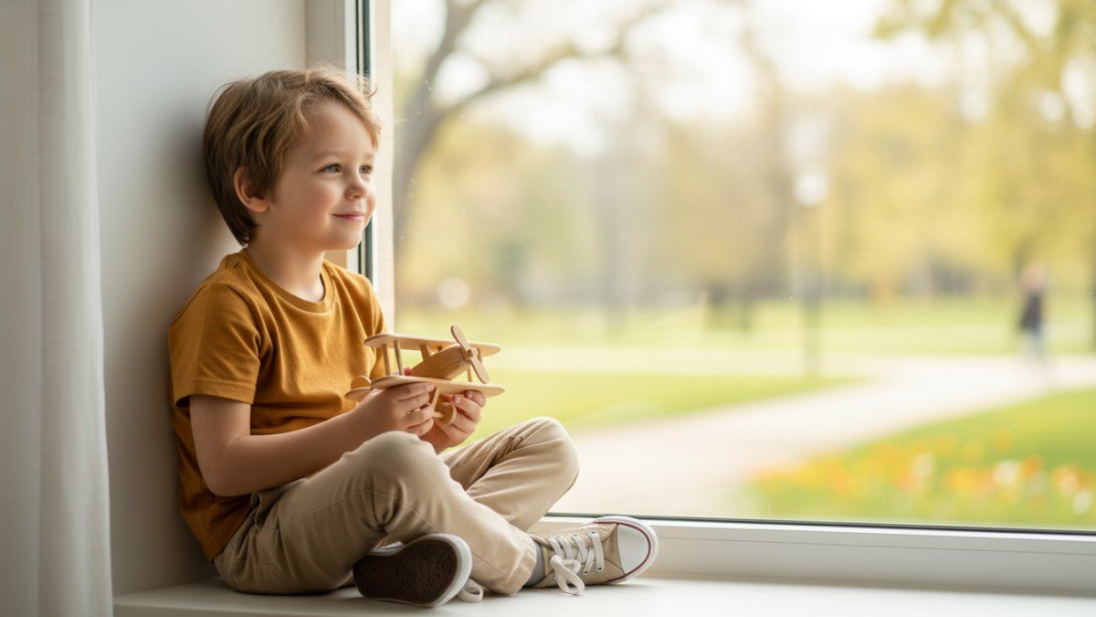 Menino jovem com sorriso gentil e olhar sereno, brincando tranquilamente em um ambiente acolhedor e iluminado, refletindo a personalidade positiva associada ao nome Ben&iacute;cio.