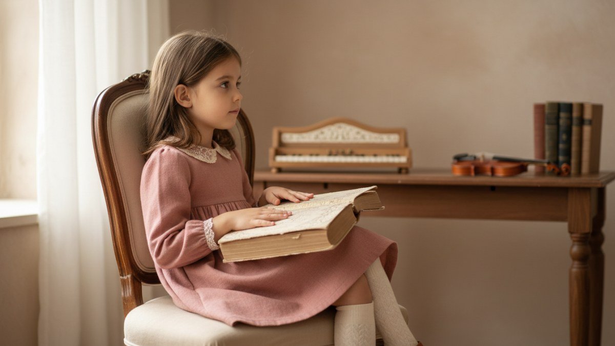 Uma menina pequena de express&atilde;o serena e pensativa, vestindo roupas cl&aacute;ssicas e charmosas, sentada em um ambiente elegante e iluminado suavemente, simbolizando a beleza e o significado atemporal do nome Cec&iacute;lia.