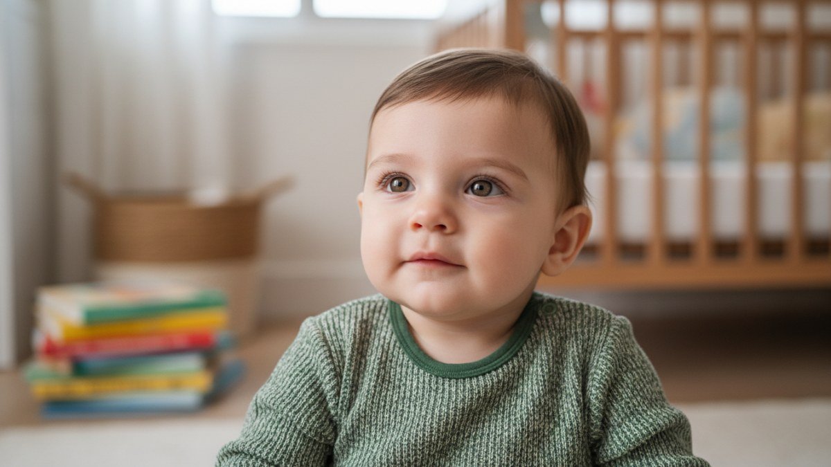 Beb&ecirc; menino com olhos expressivos e curiosos, vestido com roupas confort&aacute;veis, refletindo a pureza e a promessa de um futuro inspirador com um nome forte como Heitor.